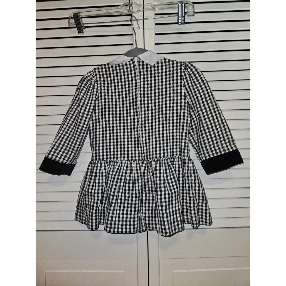 Vintage Toddler Girls Gingham Dress Black White Velvet Trim Lace Collar Size 3T
